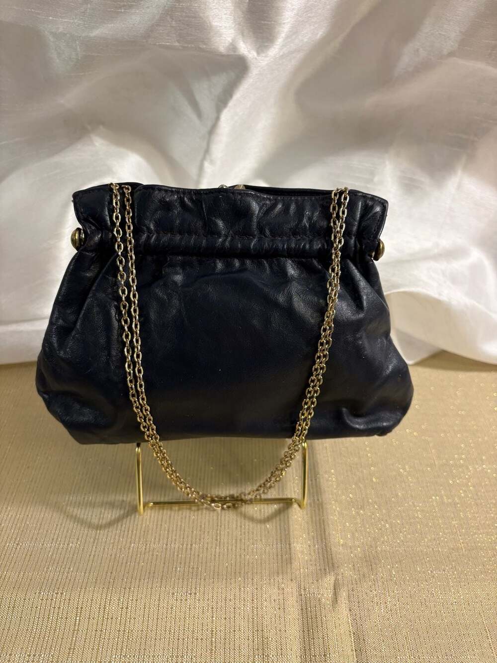 Vintage Navy Blue Leather Pouch Clutch with Gold Tone Chain